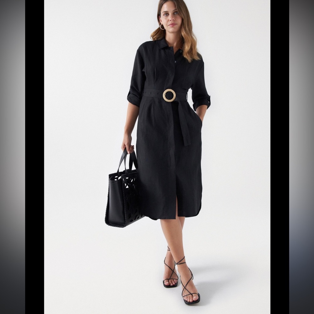 Sala Jeans Linen Elegant Black Belted Dress